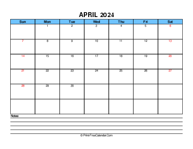 blue april 2024 editable calendar, weeks start on sunday, landscape